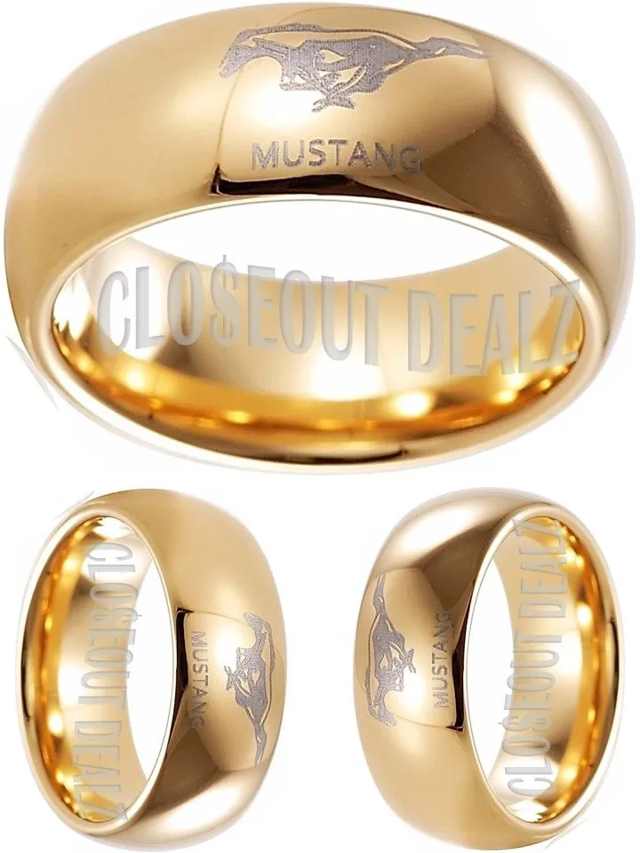 Ford Mustang Ring, Ford Mustang Logo Tungsten Ring, Gold 8mm Comfort Band