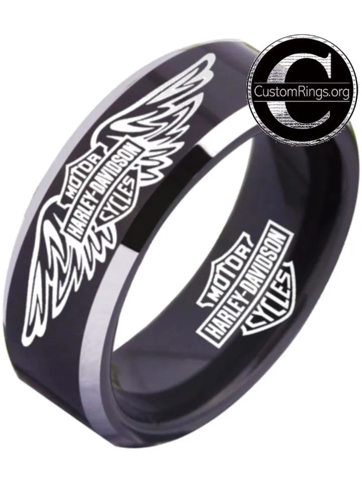 Harley Davidson Ring Men's Ring 8mm Black Silver Wedding Ring #harleydavidson