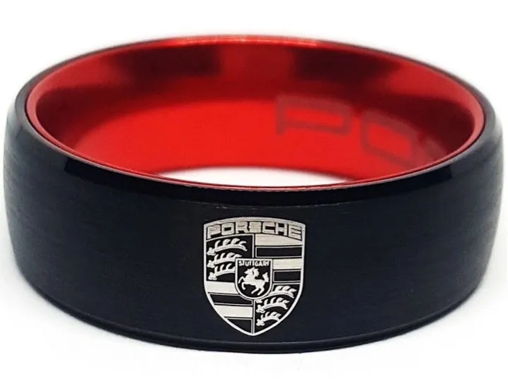 Porsche Ring Porsche 911 Ring 8mm Tungsten Black and Red CZ Ring Sizes 6 -13