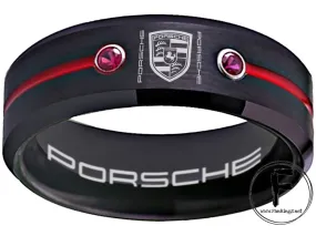 Porsche Ring Porsche 911 Ring 8mm Tungsten Black and Red CZ Ring Sizes 6 -13